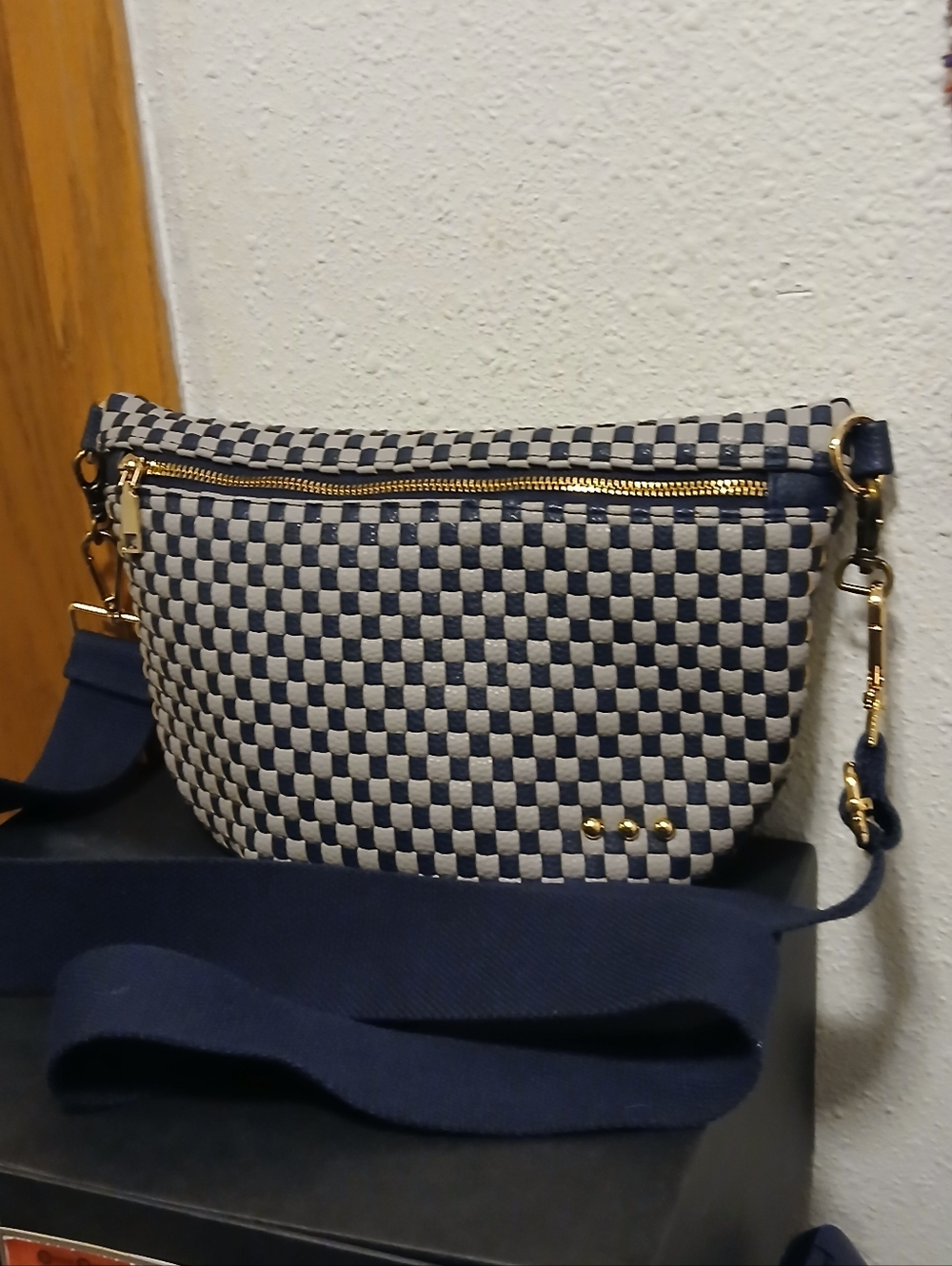 Pretty Simple Westlyn Woven Vegan Leather Bum Bag - Navy/White Checkered